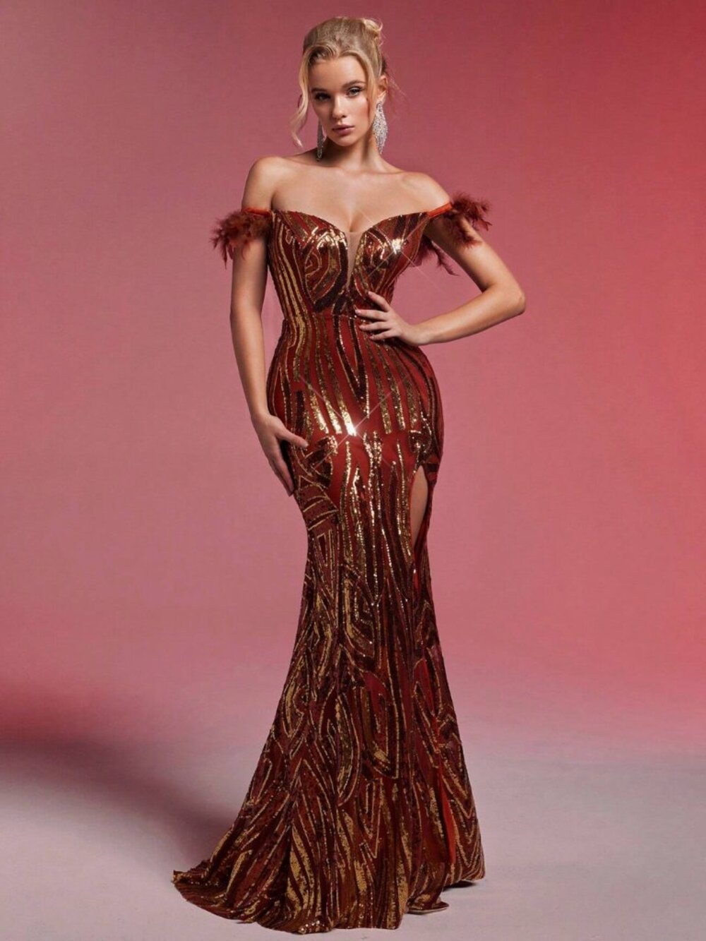 NEW SHEIN Belle Sequin Off-Shoulder Feather Slit Back Tie OrangeGold Gown